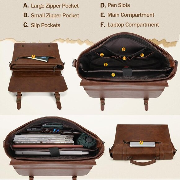 🆕 Men Brown Vintage Leather Laptop Computer Retro Work Business Shoulder Bag - Picture 3 of 6